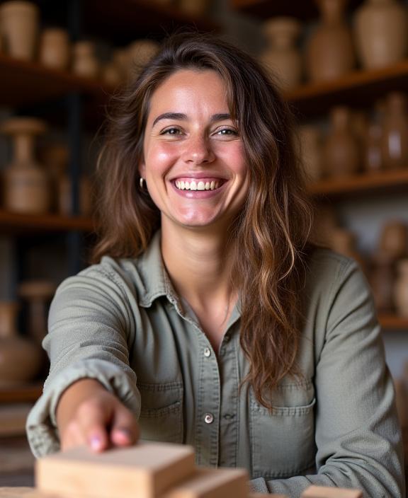 Ritratto della fondatrice di Officina Aura Annalisa Bianchi nel suo laboratorio artigianale di Bologna, sorridente mentre intaglia il legno.