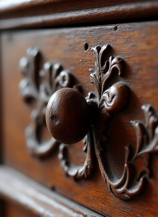 Dettaglio ravvicinato di un intaglio floreale finemente eseguito su un cassetto in legno antico, mostrando la precisione e la profondità del lavoro artigianale.