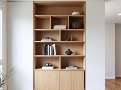 Una libreria moderna in legno chiaro con scomparti asimmetrici, realizzata su misura e fissata a una parete bianca, arricchita da pochi oggetti d'arte.